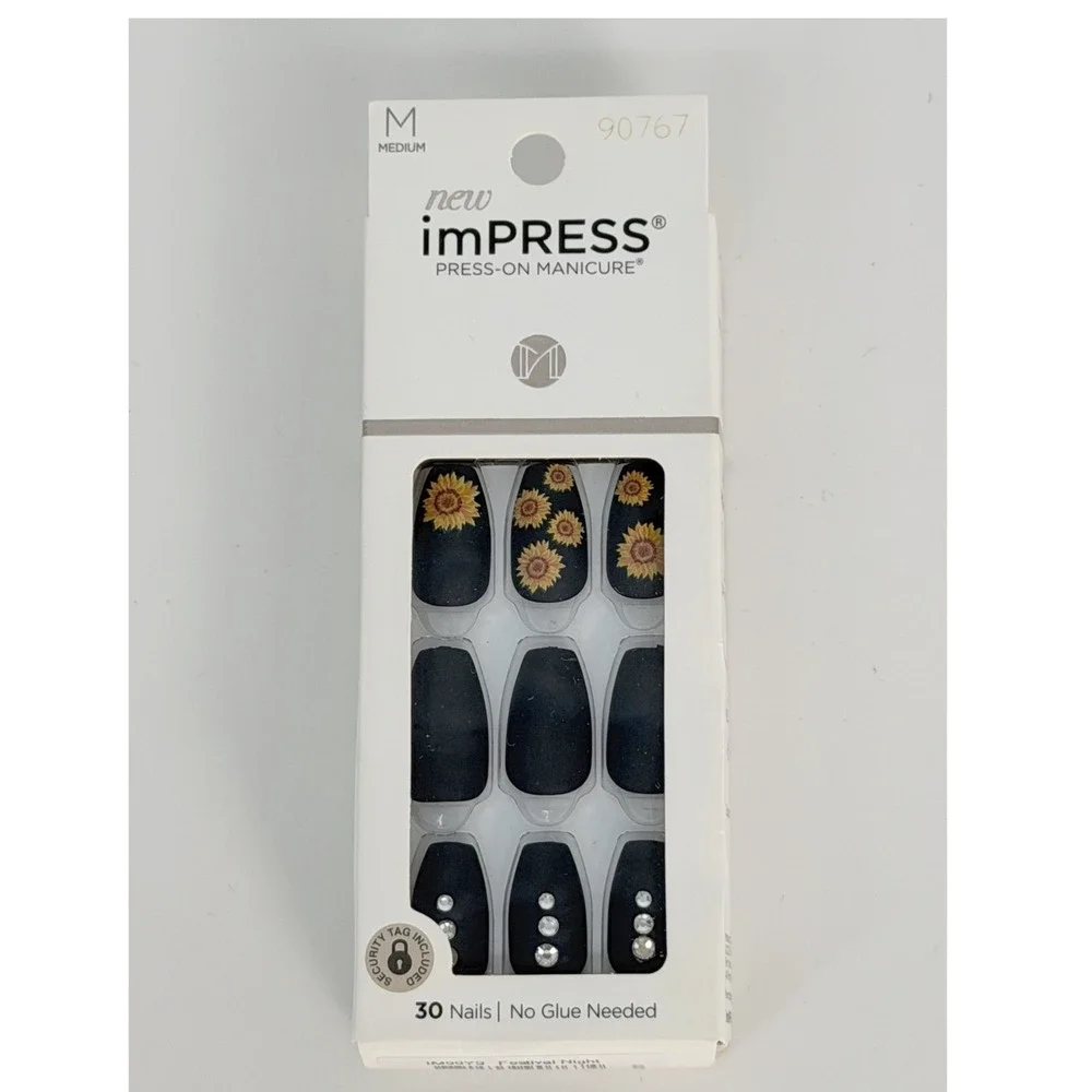 imPRESS Press-On Manicure Festival Night‎ Matte Black Sunflower Rhinestone 93-30